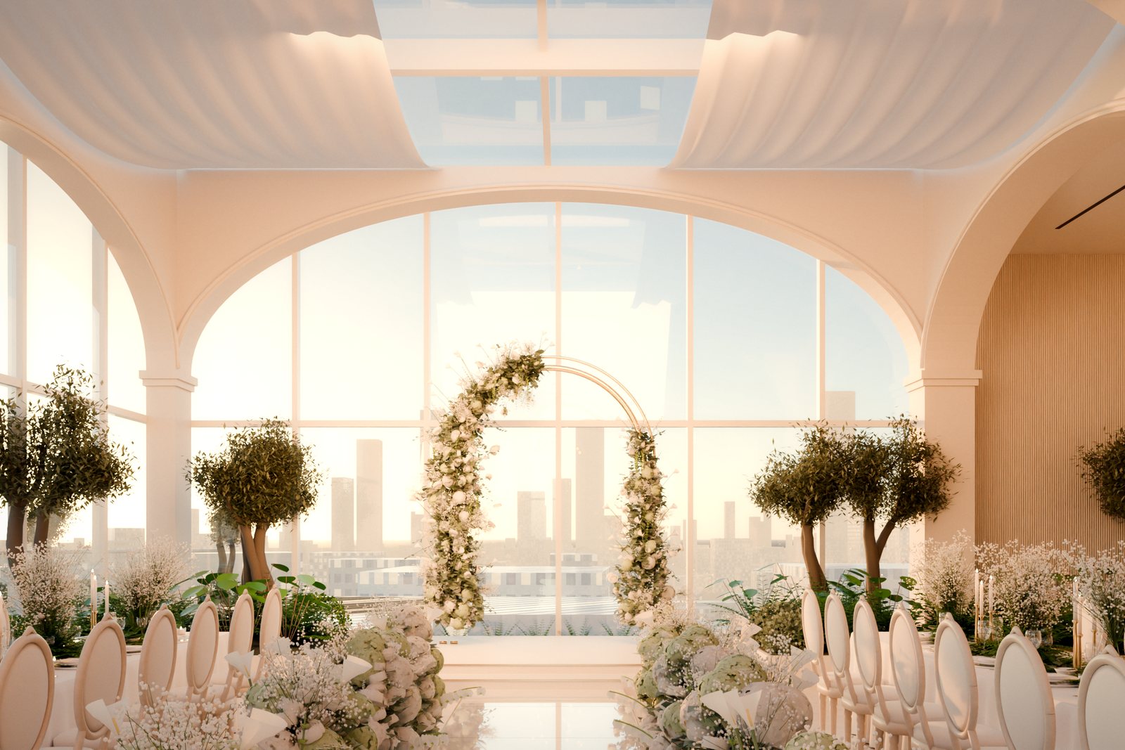 MAISON NOVE render: ceremony aisle at sunset