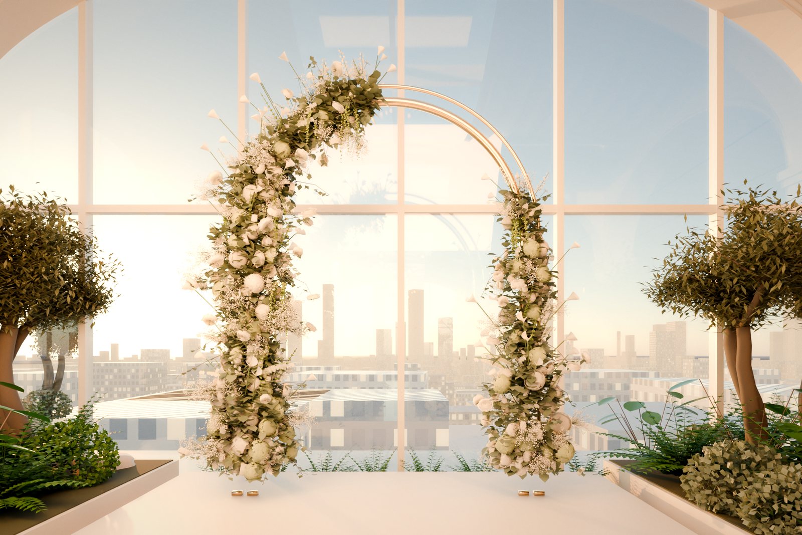 MAISON NOVE render: floral portal against the city view
