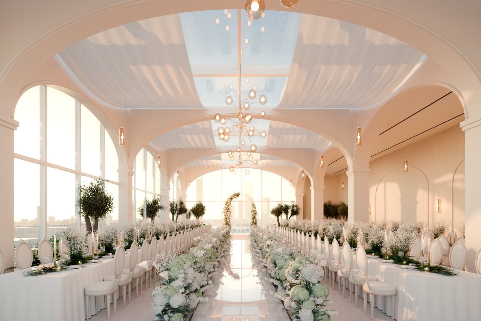 MAISON NOVE render: dinner beneath the glass ceiling