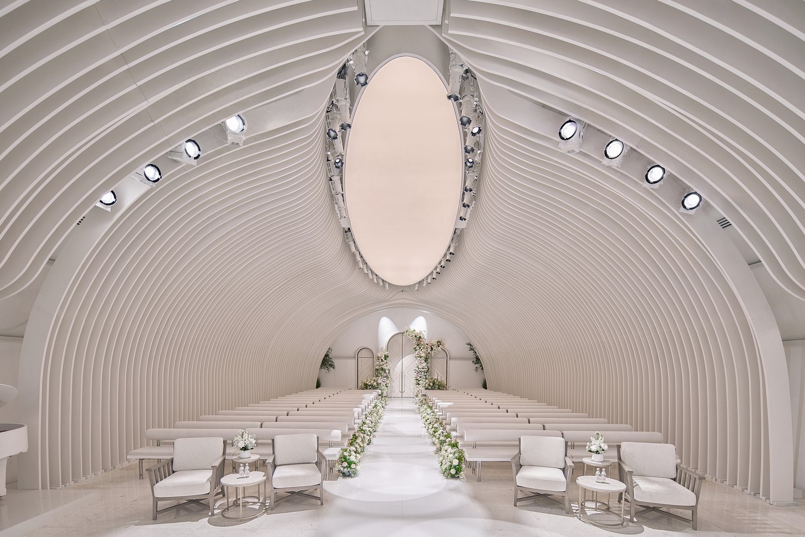 La Belle ceremony hall with vaulted ceiling and oval skylight