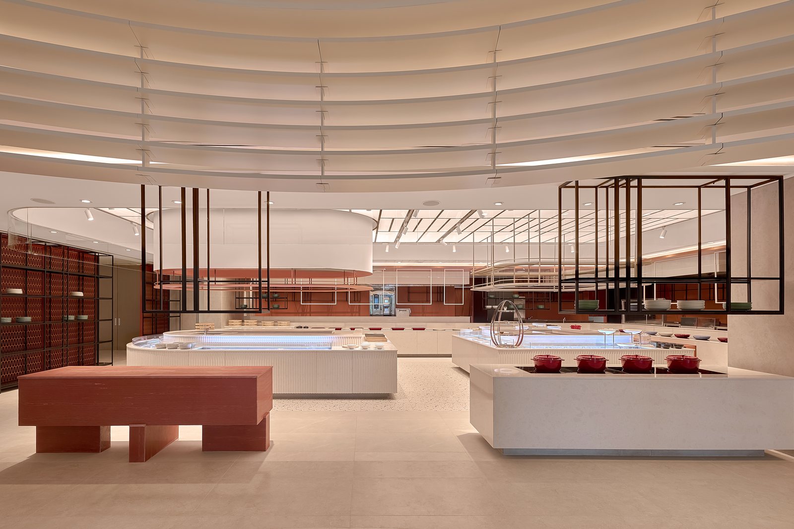 Dining Gallery with food counters and stone tables