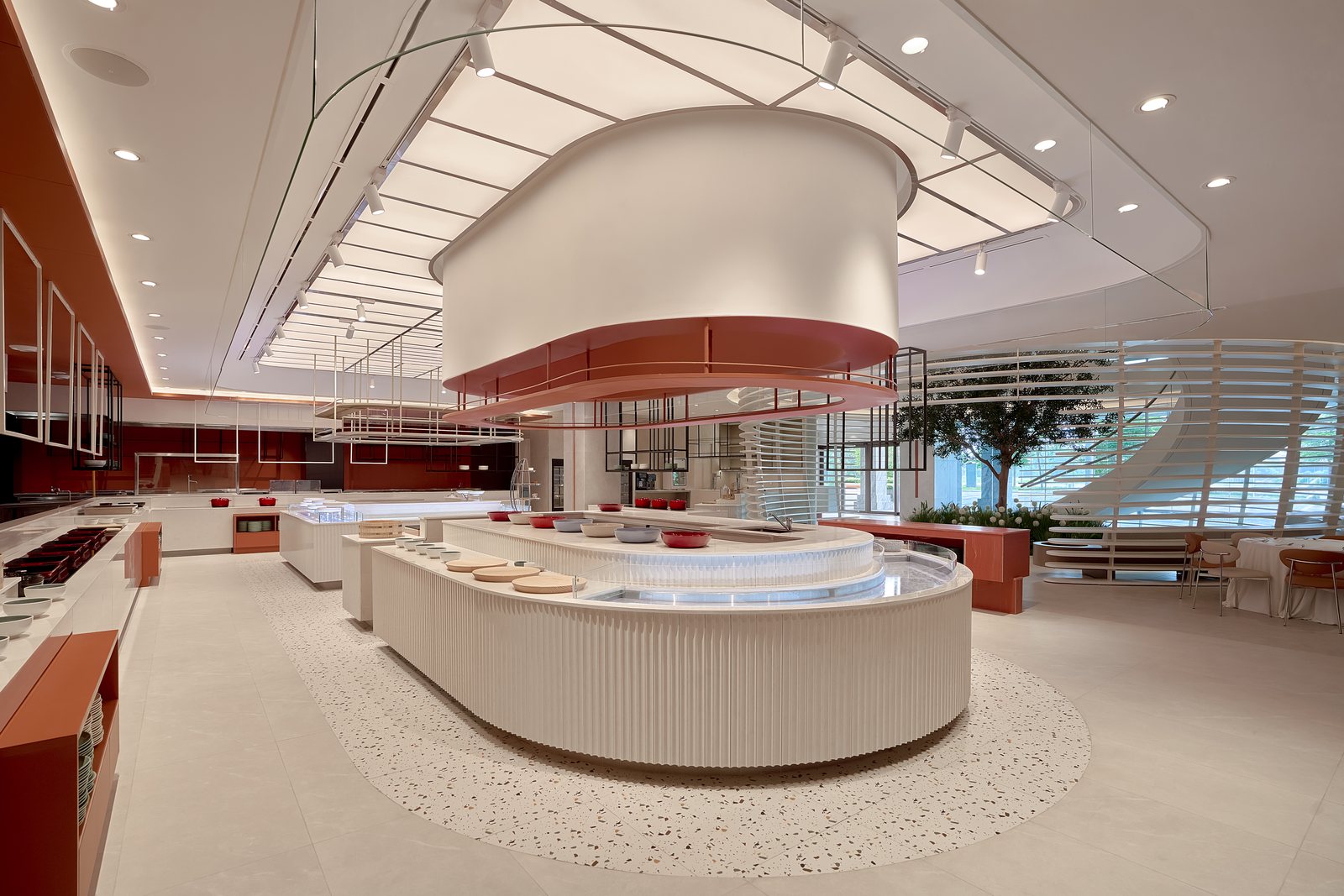 Curved open-kitchen counter at the Dining Gallery